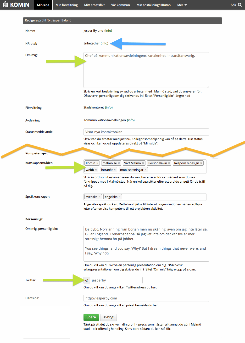 Edit mode in the staff directory. Blue arrow shows a field with info about how to trigger the right change routine, green arrows is examples of direct edit fields.