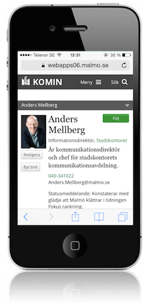A staff directory page. If i click on the phone number my iPhone asks me if I want to phone him. A bit further down Anders visiting address is clickable, exposing a map.